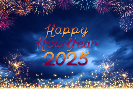 2025 New Year fireworks in the night sky.の写真素材