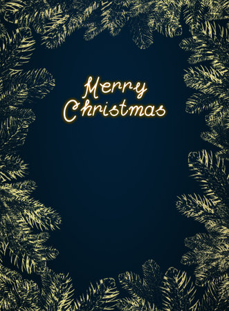 Merry Christmas card with golden pine branches on a blue.の写真素材