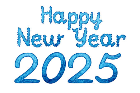 2025 blue ice New Year lettering. Happy New Year.の写真素材