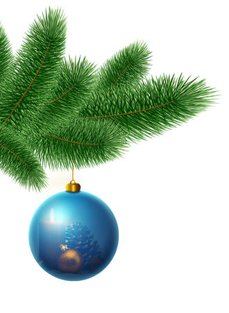 Merry Christmas background with green fir branch and blue baubleの写真素材