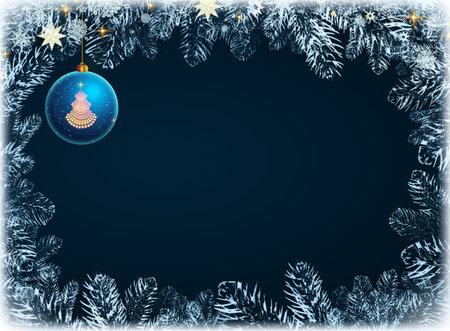 Christmas card with fir tree branches and gray ball on blue background.の写真素材