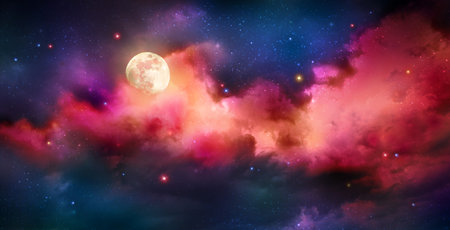 Night sky with full moon in the colorful clouds.の写真素材