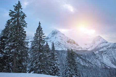 Beautiful winter sunset landscape in the Alps mountains.の写真素材