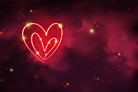 Red night sky with two hearts in the colorful cloudsの写真素材