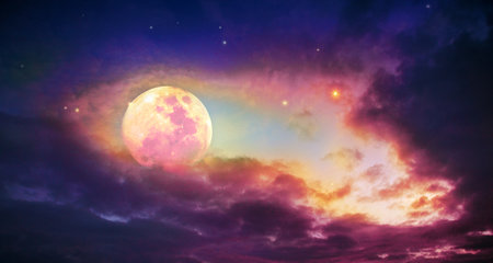 Full moon with stars at colorful night sky .の写真素材