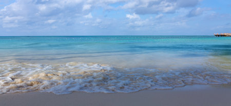 Soft wave of blue ocean on Caribbean sandy beach. Travel background concept.の写真素材