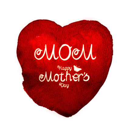 Happy Mothers Day phrase with a red watercolor heart isolated.の写真素材