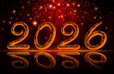 New Year 2026 lettering with red lights in the black background.