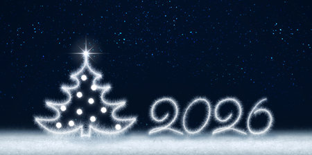 Christmas tree with lights isolated on blue background. Merry Christmas card.