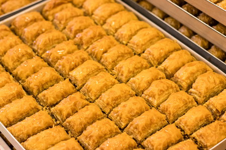 sweet baklawas on tray. its traditional turkish dessert.の写真素材