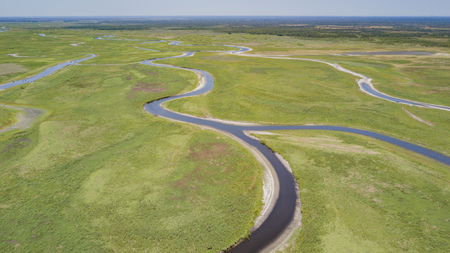 The St Johns River is a very shallow river flowing South to North in Florida.  Airboats are the only reliable method to navigate its shallows.の写真素材