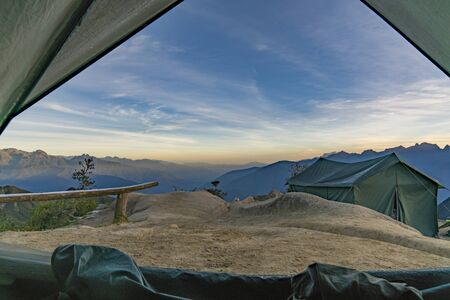 The third campsite on the Inca Trail is on top of a mountain ridge overlooking the Sacred Valleyの写真素材