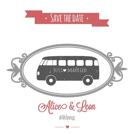 Tender wedding invitation with vintage vector wedding bus.のイラスト素材
