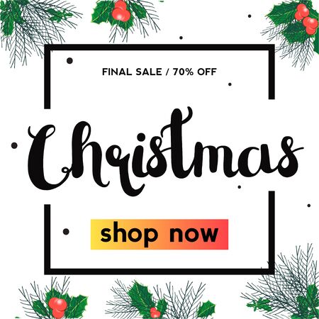 Holly leaf Christmas sale square banner. Shop now. Final saleのイラスト素材