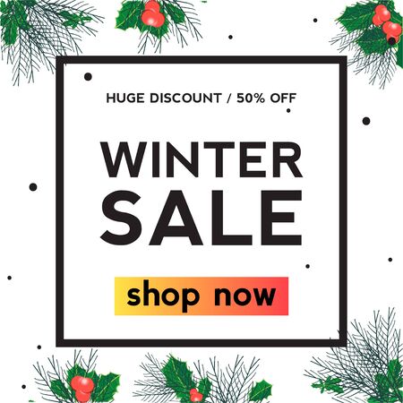 Holly leaf Winter sale square banner. Huge discount. Shop nowのイラスト素材