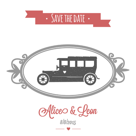 Vintage vector wedding car on tender wedding invitation with retro frameのイラスト素材