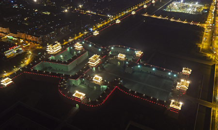 Aerial view of Yongtai gate in Datong City during the nightのeditorial素材