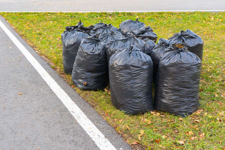 Large black bags of garbage stand on the lawn in the Parkの写真素材