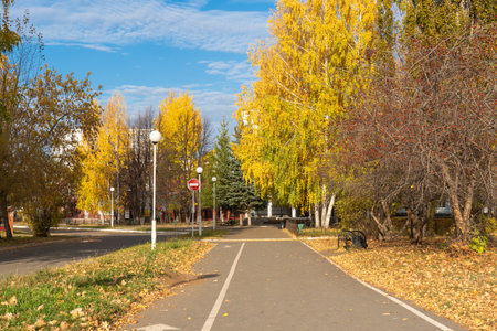 An empty street in a Russian city in autumn. No one on the street because of the quarantineの写真素材