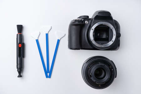 Professional tools for cleaning the matrix of a DSLR camera, on a white backgroundの写真素材