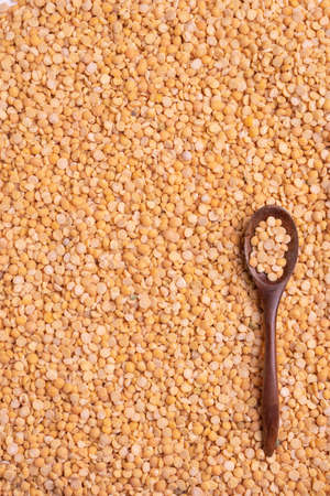 A dark wooden spoon lies on dry yellow peas. Copy-spaceの写真素材