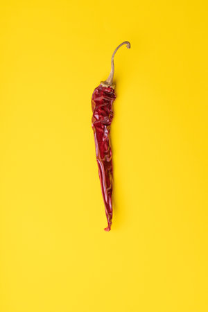 Pod of dry hot red pepper on a yellow background, vertical photoの写真素材