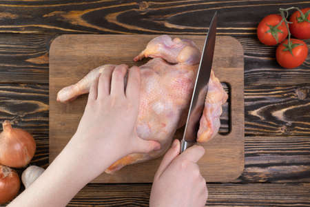 Female hands with a knife cut homemade chicken. Hand cuts off a chicken wing. Top viewの写真素材