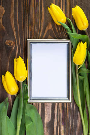 Photo frame on a wooden background in an orchestration of yellow tulipsの写真素材