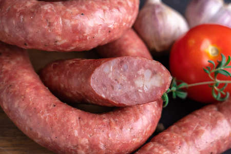 Homemade pork and beef sausage. National cuisine, Krakow sausageの写真素材