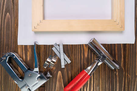 Synthetic canvas and stretchers. Tool for the production of paintings on canvasの写真素材