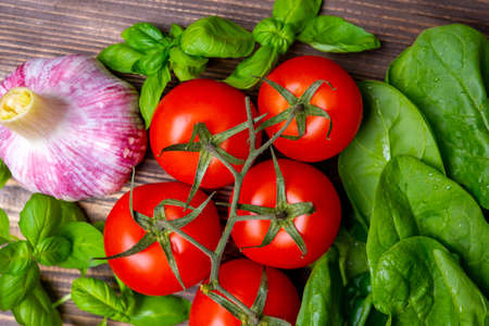 Juicy fresh vegetables close up, top viewの写真素材