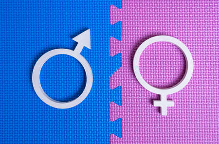 Male and female symbol on a blue and pink puzzle.の写真素材