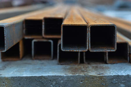 Square metal pillars at construction site, selective focusの写真素材