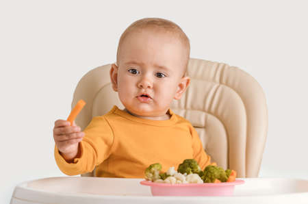 The baby is sitting on a feeding chair with boiled carrots and vegetablesの写真素材