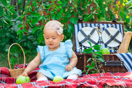 Newborn baby girl in a blue dress on a picnic. A toddler 9-12 months old grabs a green apple lying on a blanketの写真素材