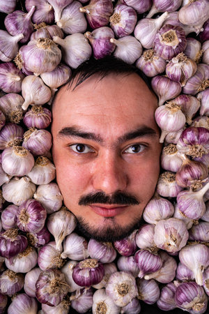 Portrait of a gloomy bearded man in garlic. A man's head among garlic bulbsの写真素材