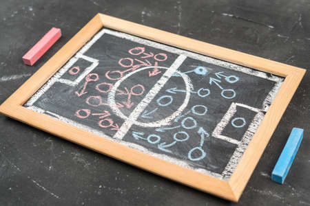 A diagram of a football game on a chalk board, top view. Selective focusの写真素材