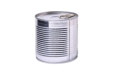 Closed metal can with canned food on a white backgroundの写真素材
