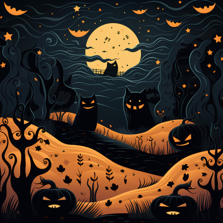 Halloween night background with pumpkins and ghosts. Vector illustration.の素材