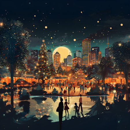 New York city at night with people walking in the park. Illustrationの素材
