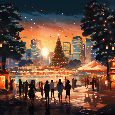 Christmas and New Year holidays background with people walking in the park.の素材