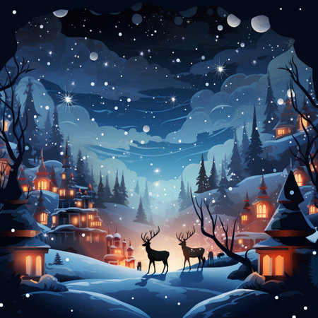 Winter landscape with village, trees, deer and snow. Vector illustration.の素材