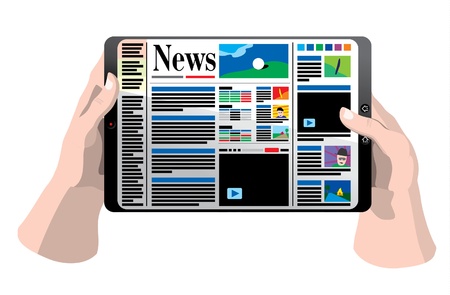 Hands holding tablet computer with news paperのイラスト素材