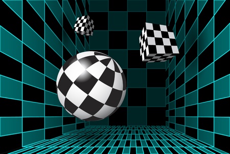 Digital checkered room with 3D figures