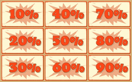 Set of halftone printed scratched labels with sale percents