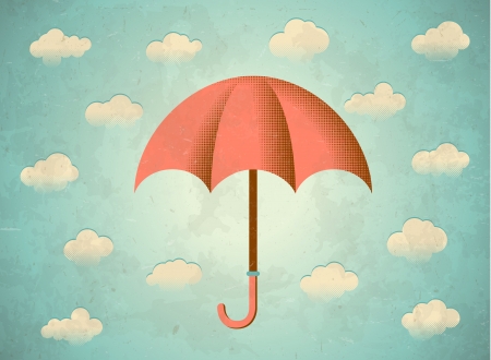 Aged vintage card with clouds and umbrellaのイラスト素材