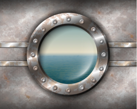Old rusty porthole with rivets and seascape outsideのイラスト素材