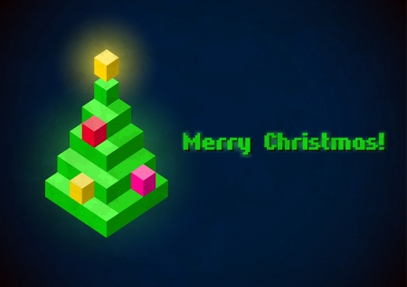 Christmas tree retro digital card with baubles made of 3D pixelsのイラスト素材