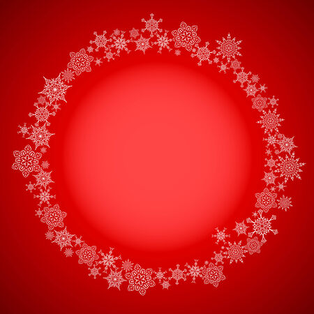 Red Christmas frame with drawn snowflakes around lightened circleのイラスト素材