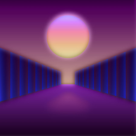Retro styled digital futuristic landscape with moon and dark corridor gateのイラスト素材